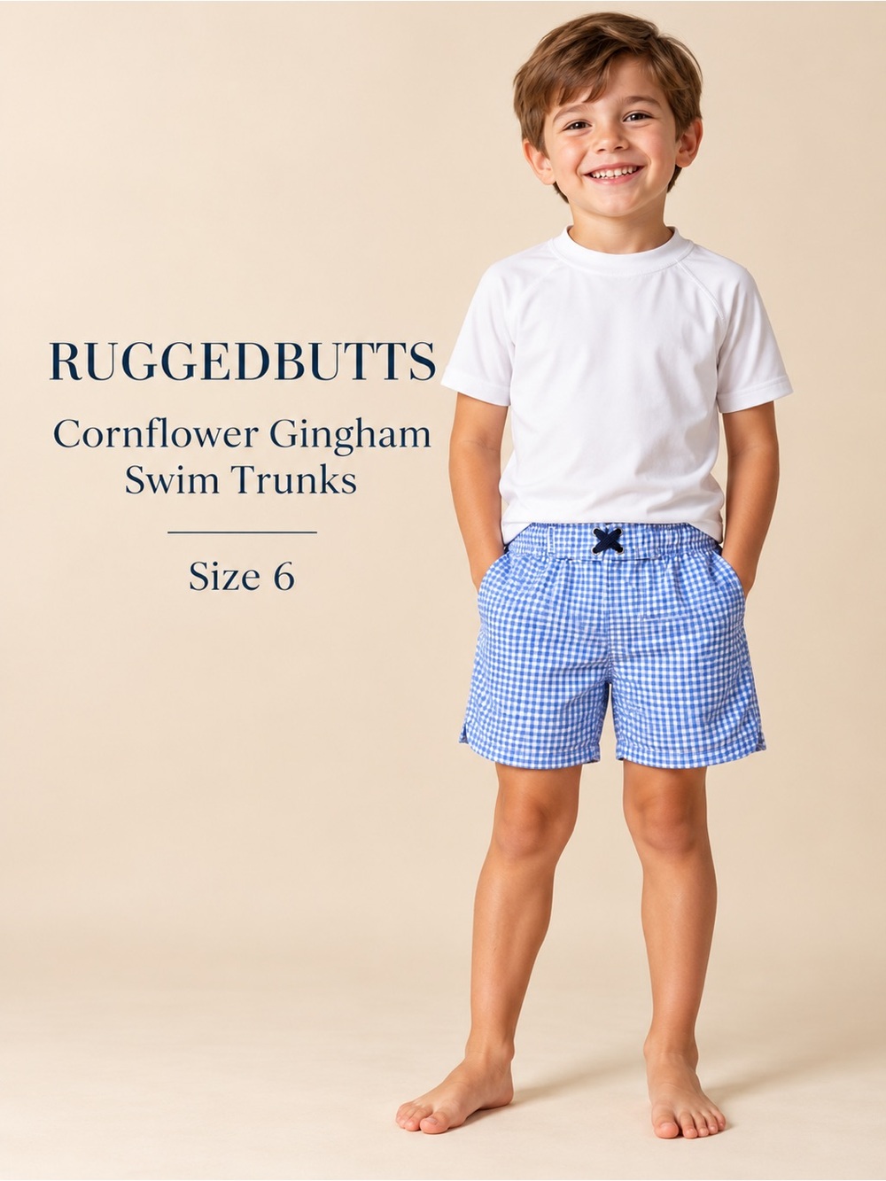 NWT RuggedButts Blue Gingham Swim Trunks Boys Size 6 UPF 50+
